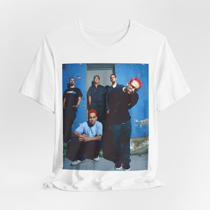 A black graphic t-shirt featuring a graphic of Linkin Park as nu-metal pioneers.