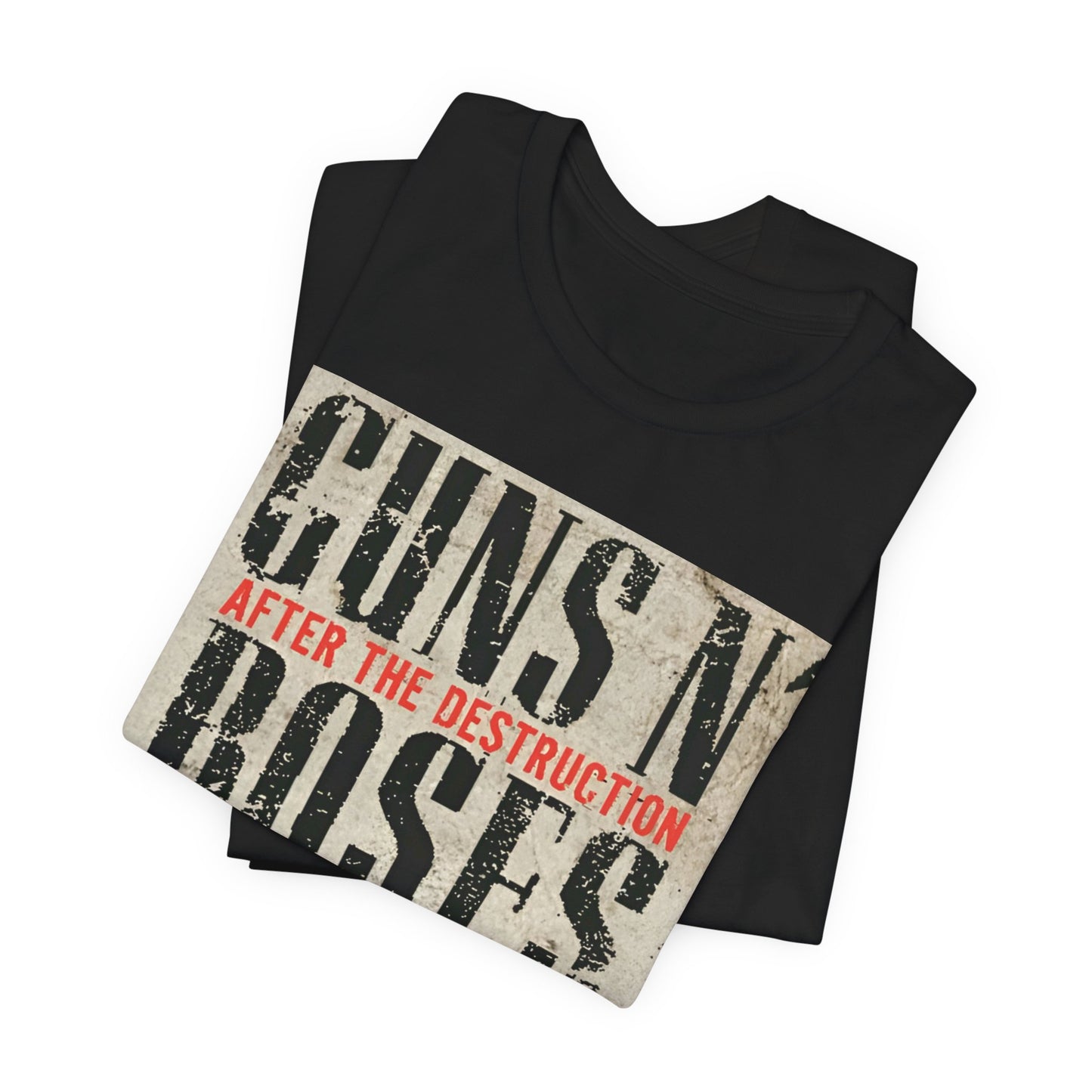 A black graphic t-shirt featuring a graphic related to Guns N' Roses, with a theme of 'after the destruction'.