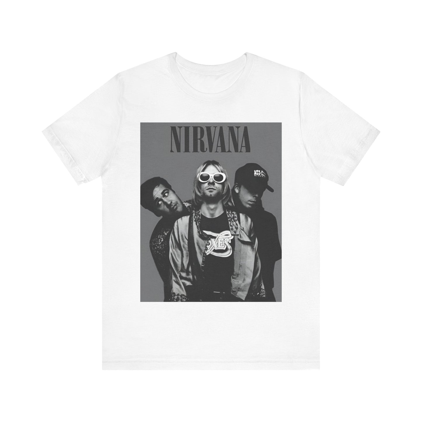 A black graphic t-shirt featuring a black and white, monochrome graphic or photo of Nirvana.