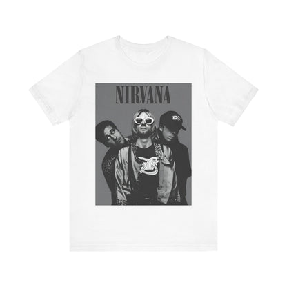 A black graphic t-shirt featuring a black and white, monochrome graphic or photo of Nirvana.