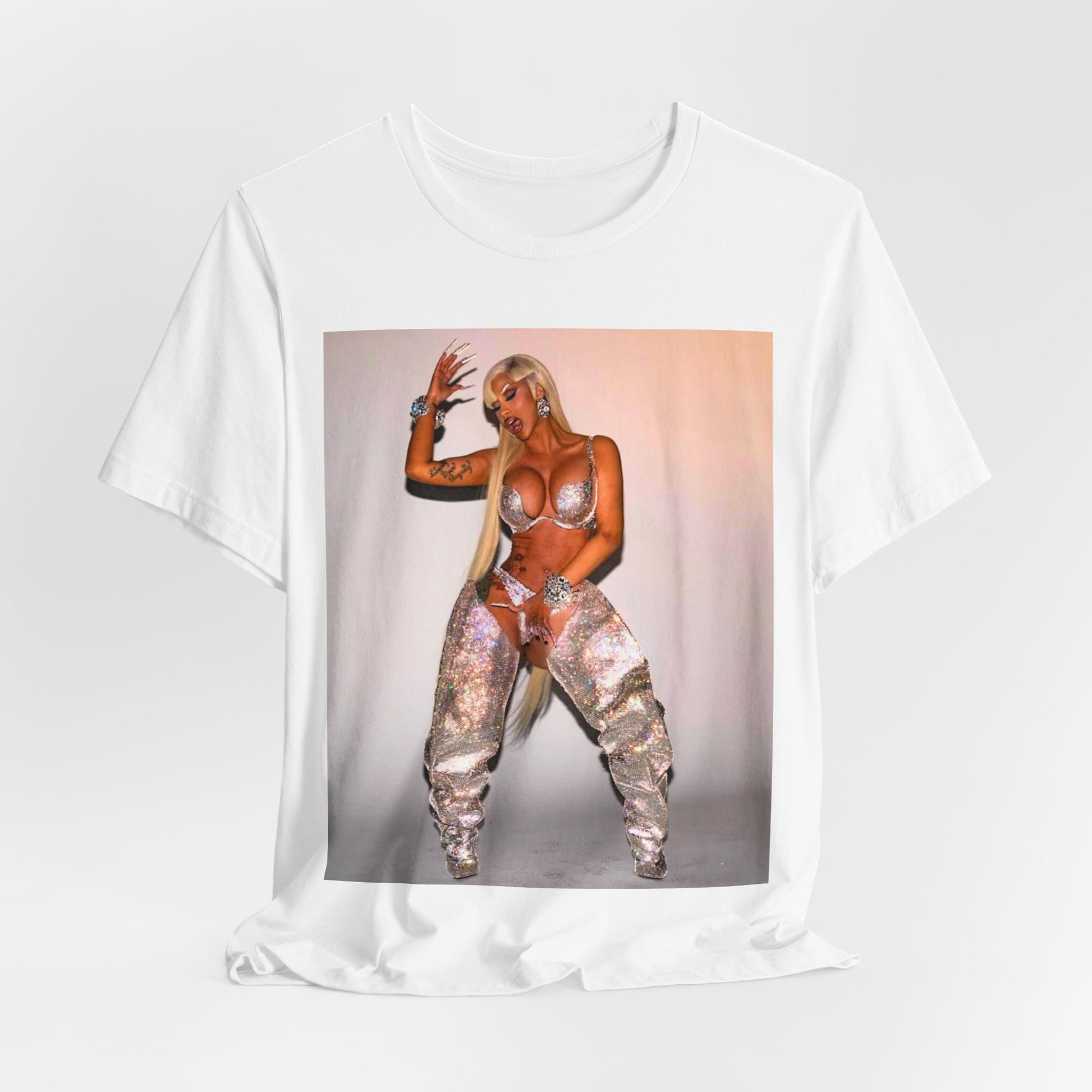 A black graphic t-shirt featuring a vintage graphic of Cardi B as a 'Bronx Queen' or rap icon.