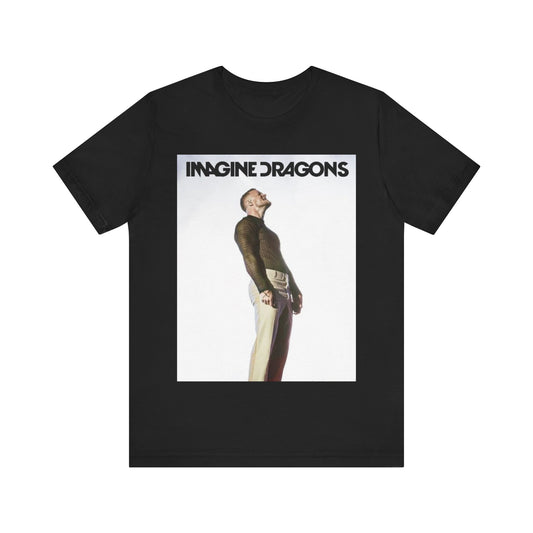 A black graphic t-shirt featuring a graphic related to Imagine Dragons' 'Believer' song or era.