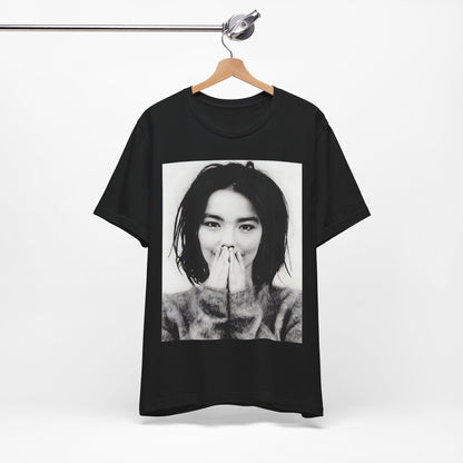 A black graphic t-shirt featuring a 90s black and white photographic portrait of Bjork.