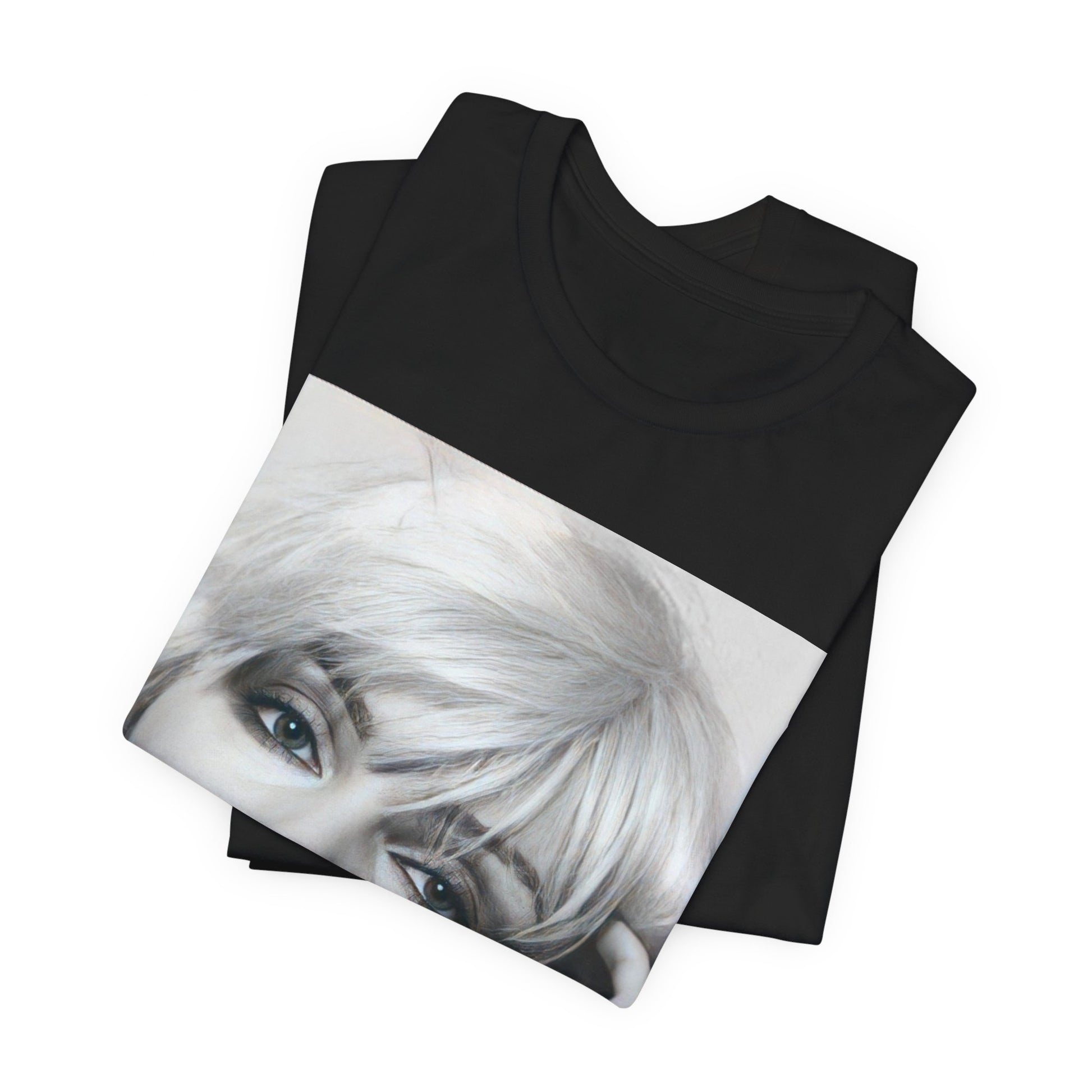 A black graphic t-shirt featuring an iconic black and white portrait photo of Debbie Harry from Blondie.