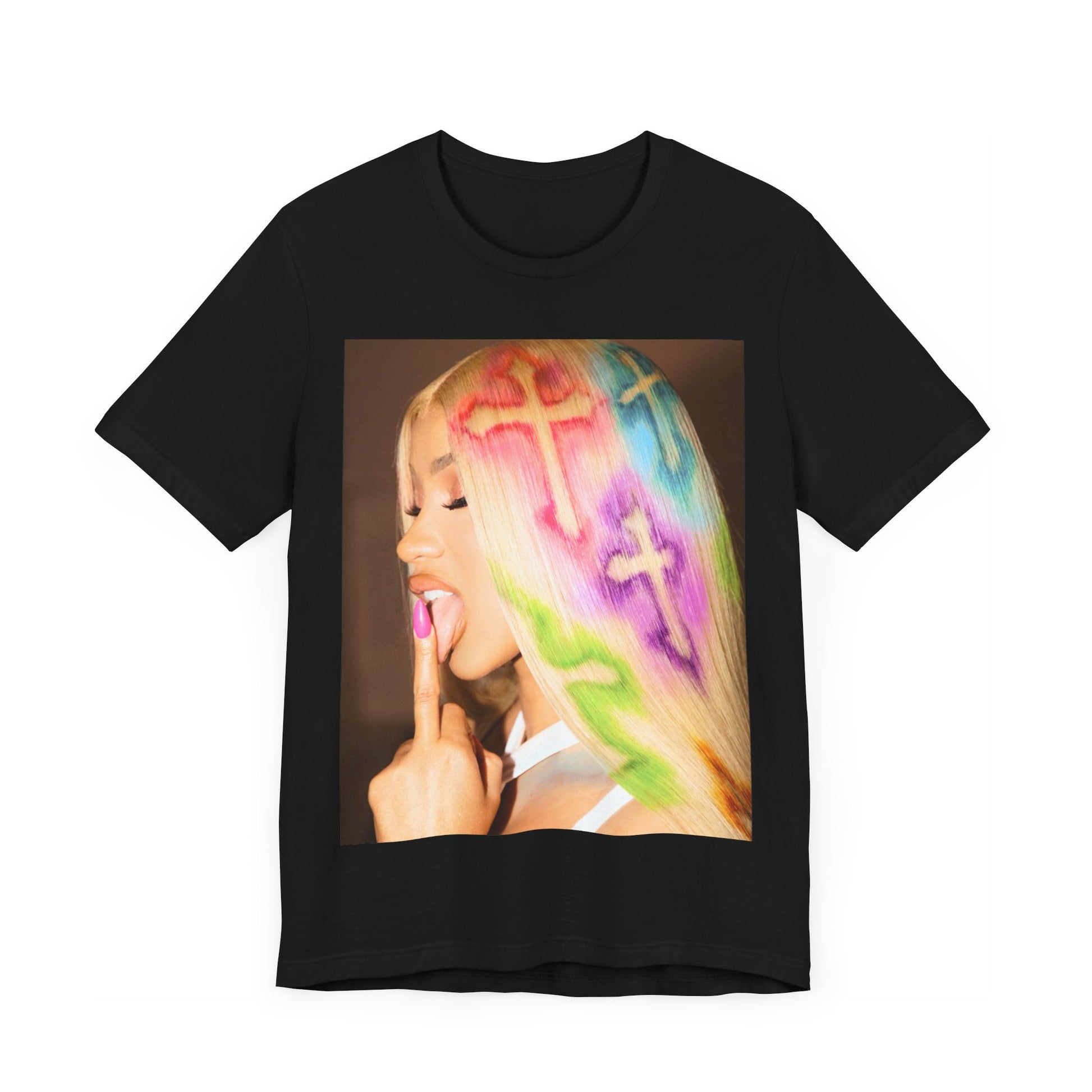 A black graphic t-shirt featuring a graphic related to Cardi B's 'Invasion of Privacy' album era.