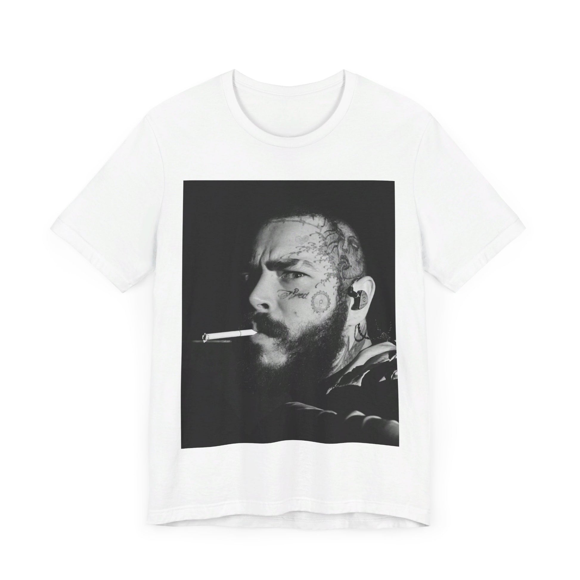 A black graphic t-shirt featuring a black and white portrait graphic of Post Malone.
