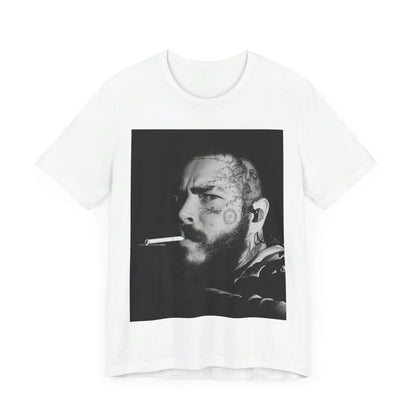 A black graphic t-shirt featuring a black and white portrait graphic of Post Malone.