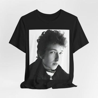 A black graphic t-shirt featuring a graphic related to Bob Dylan's 'Like a Rolling Stone' song or era.