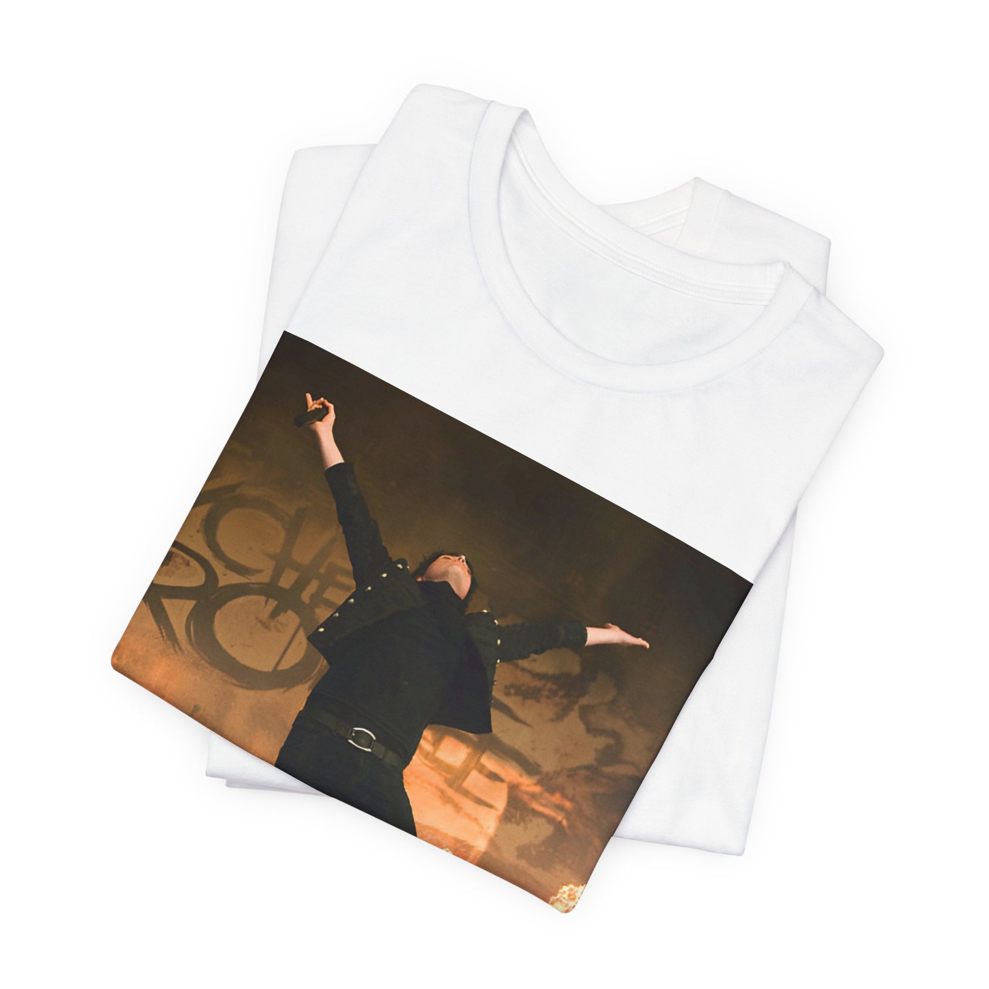 A black graphic t-shirt featuring an on-stage merch graphic of My Chemical Romance.