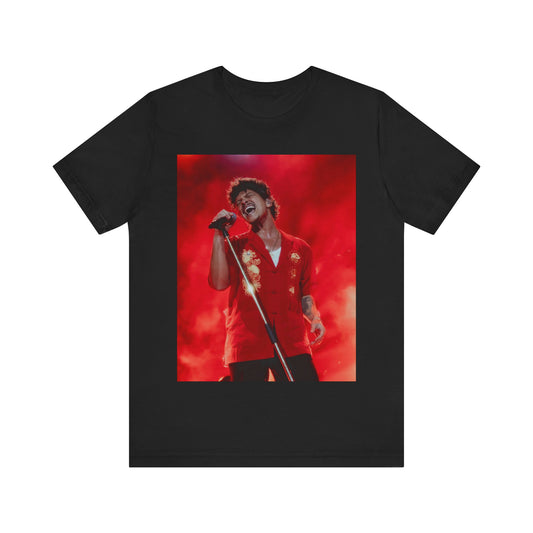 A black graphic t-shirt featuring a graphic related to Bruno Mars' 'Grenade' song or era.