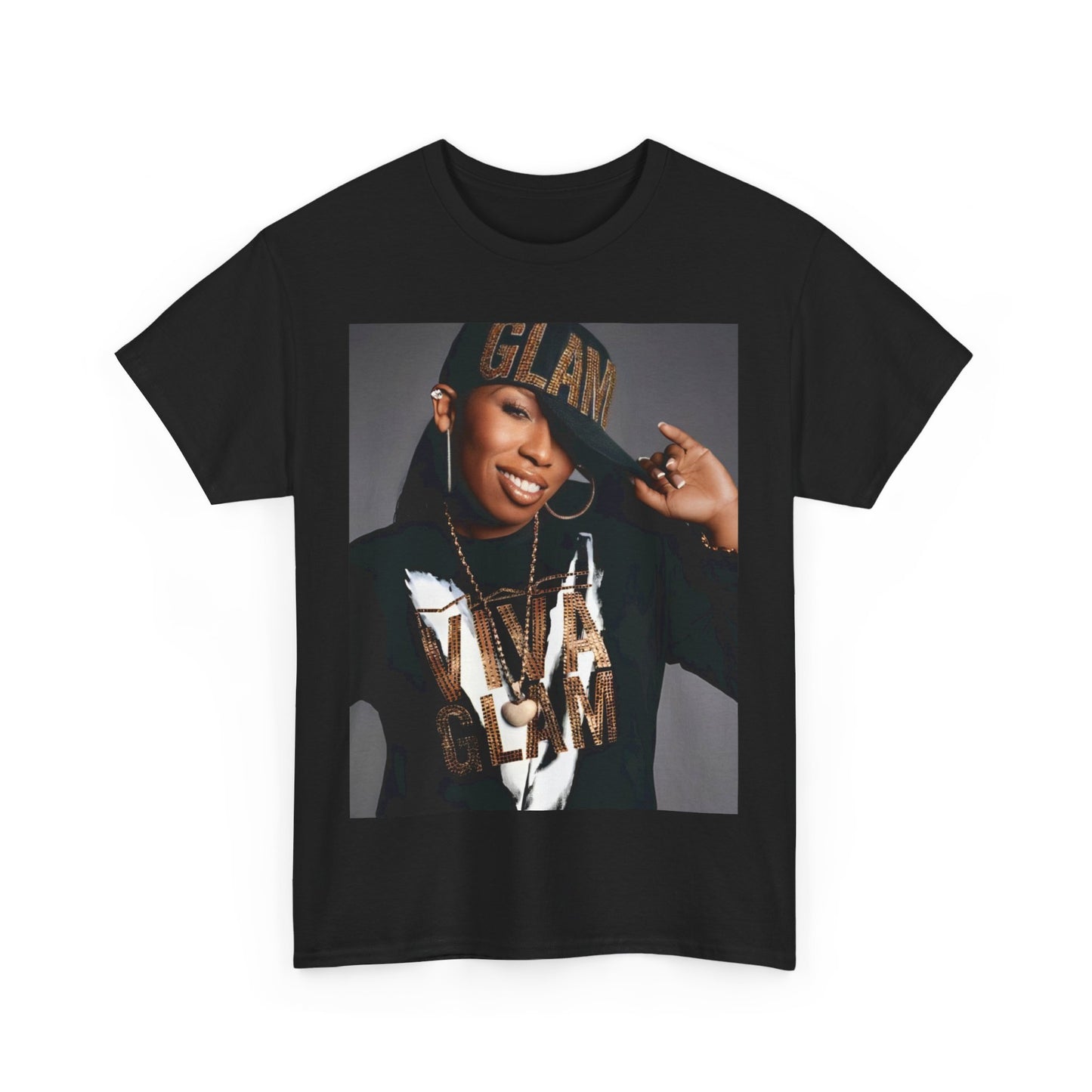 A black graphic t-shirt featuring a 90s graphic of Missy Elliott as a global rap phenomenon.