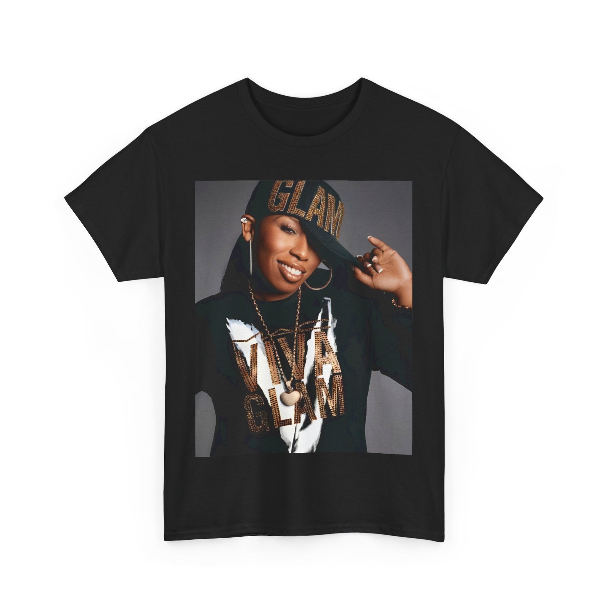 A black graphic t-shirt featuring a 90s graphic of Missy Elliott as a global rap phenomenon.