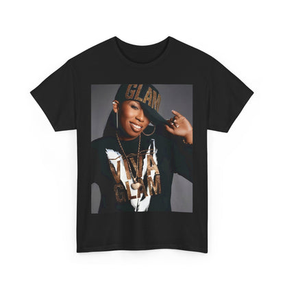 A black graphic t-shirt featuring a 90s graphic of Missy Elliott as a global rap phenomenon.