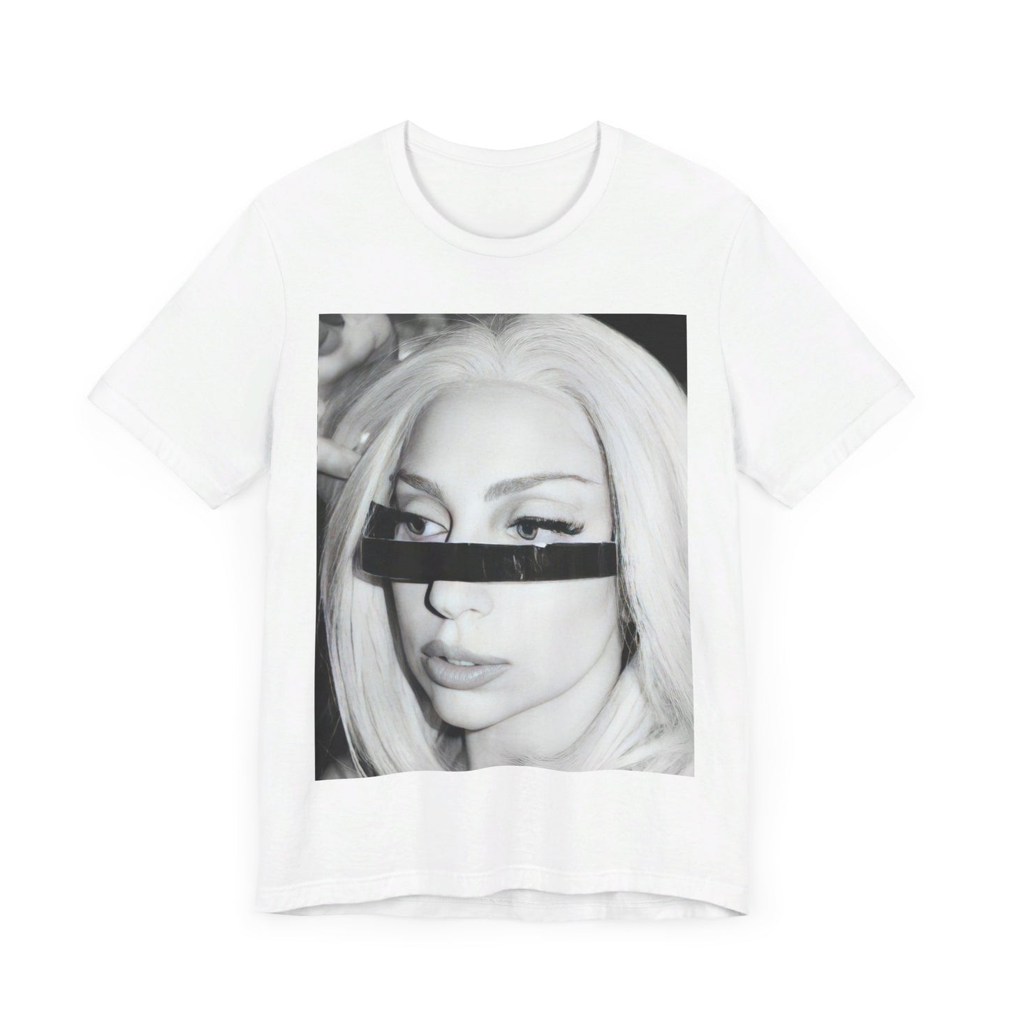 A black graphic t-shirt featuring a black and white graphic or photo of Lady Gaga in a backstage setting.