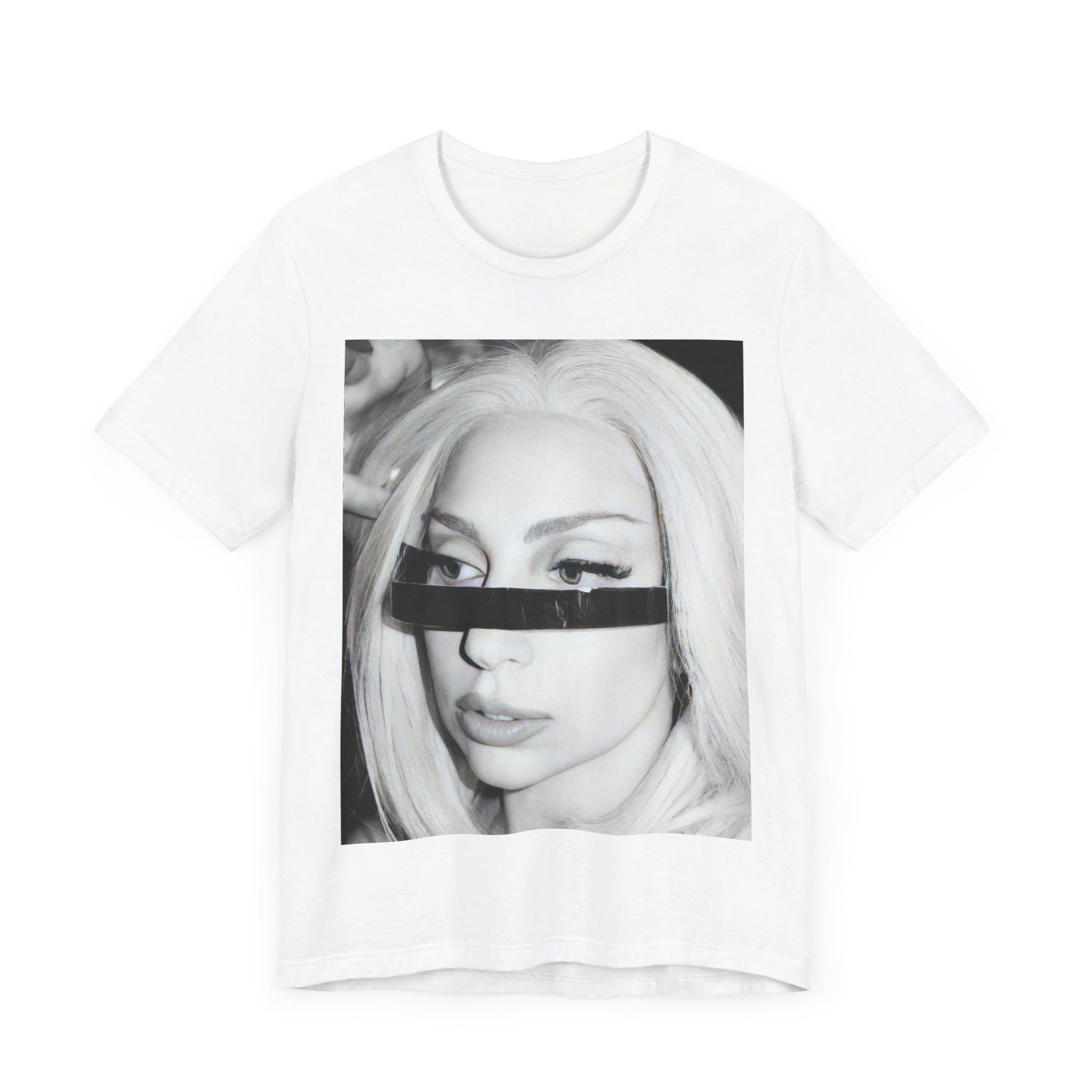 A black graphic t-shirt featuring a black and white graphic or photo of Lady Gaga in a backstage setting.