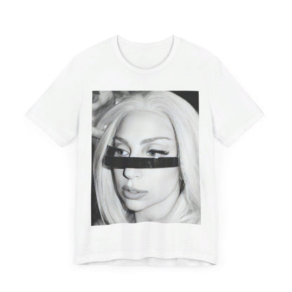 A black graphic t-shirt featuring a black and white graphic or photo of Lady Gaga in a backstage setting.