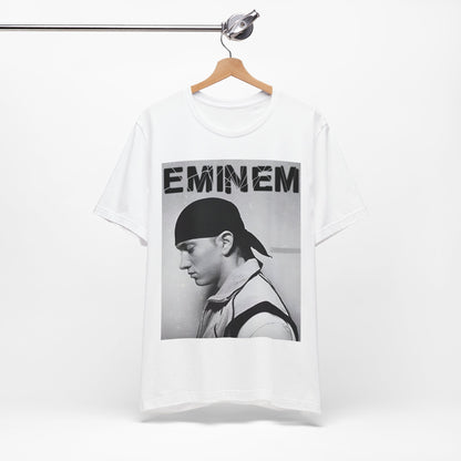 A black graphic t-shirt featuring a stylized graphic of Eminem as a modern rap legend.