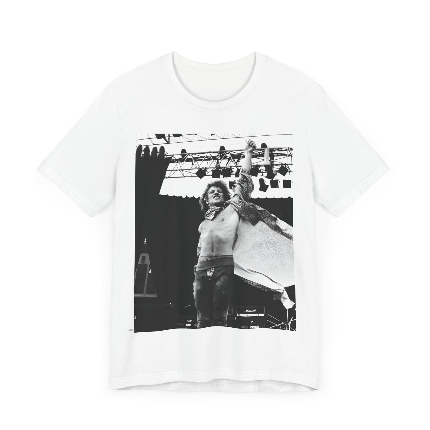 A black graphic t-shirt featuring an epic arena rock graphic of Bon Jovi performing on a large stage.