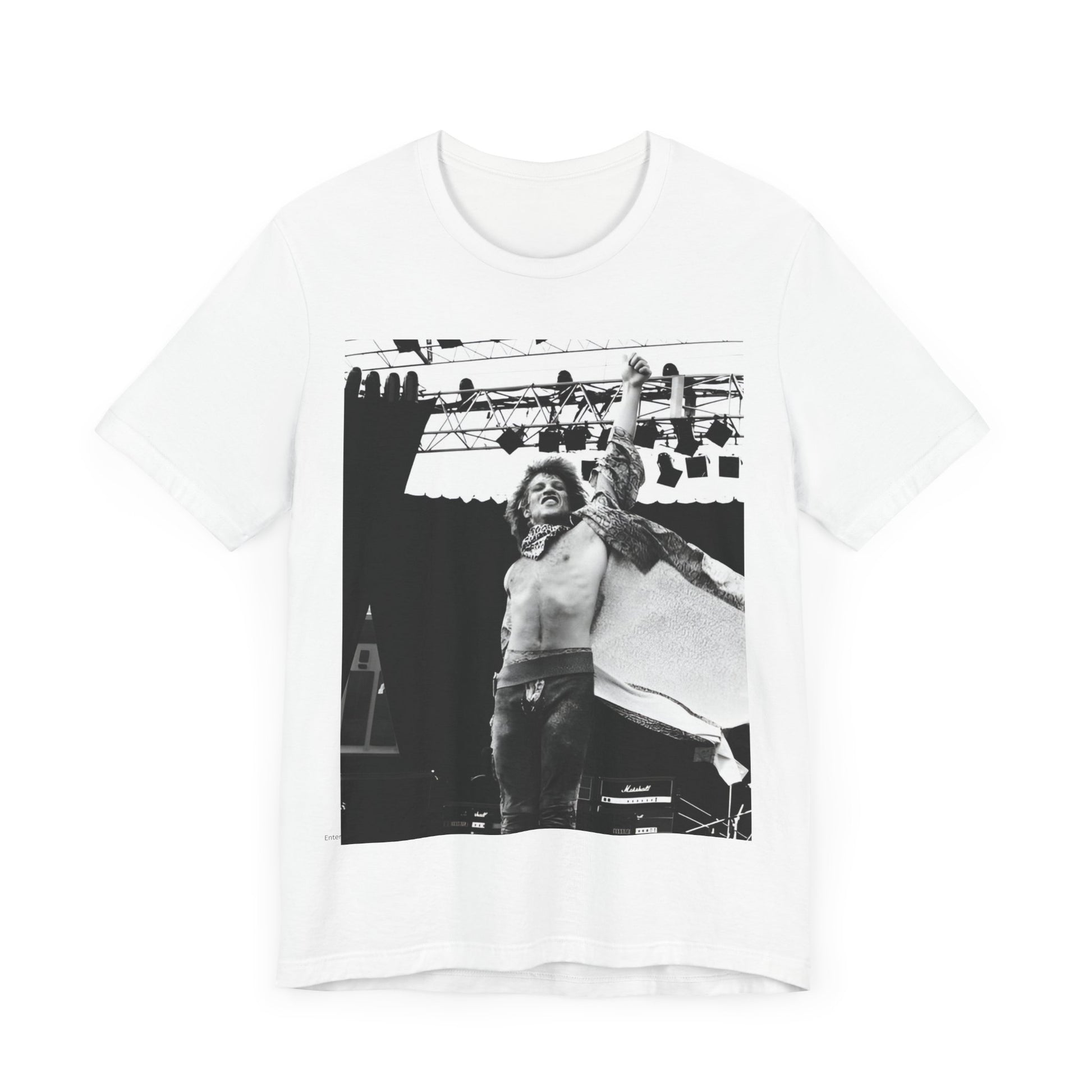 A black graphic t-shirt featuring an epic arena rock graphic of Bon Jovi performing on a large stage.