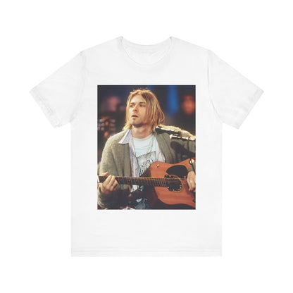 A black graphic t-shirt featuring a graphic related to Nirvana's 1994 Unplugged performance.