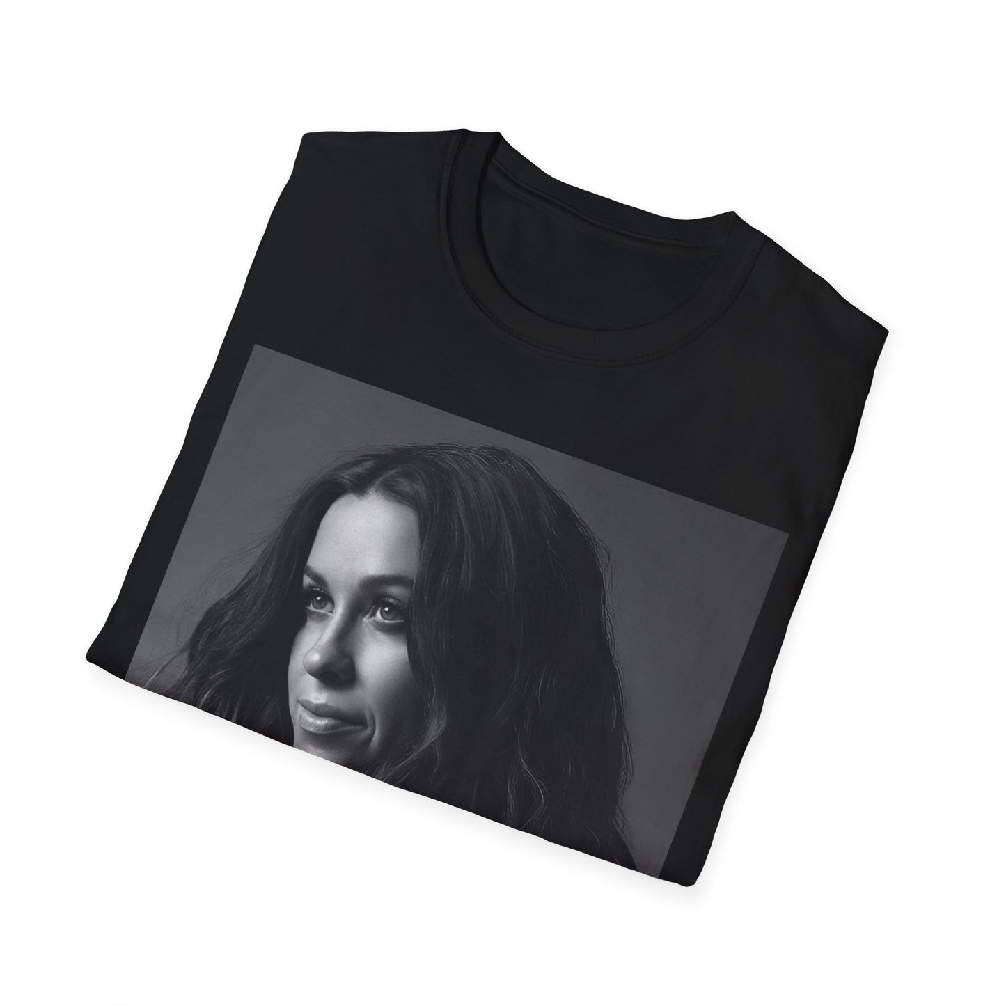 A black graphic t-shirt featuring a 90s-style black and white portrait of Alanis Morissette, showing her with a poised or thoughtful expression.