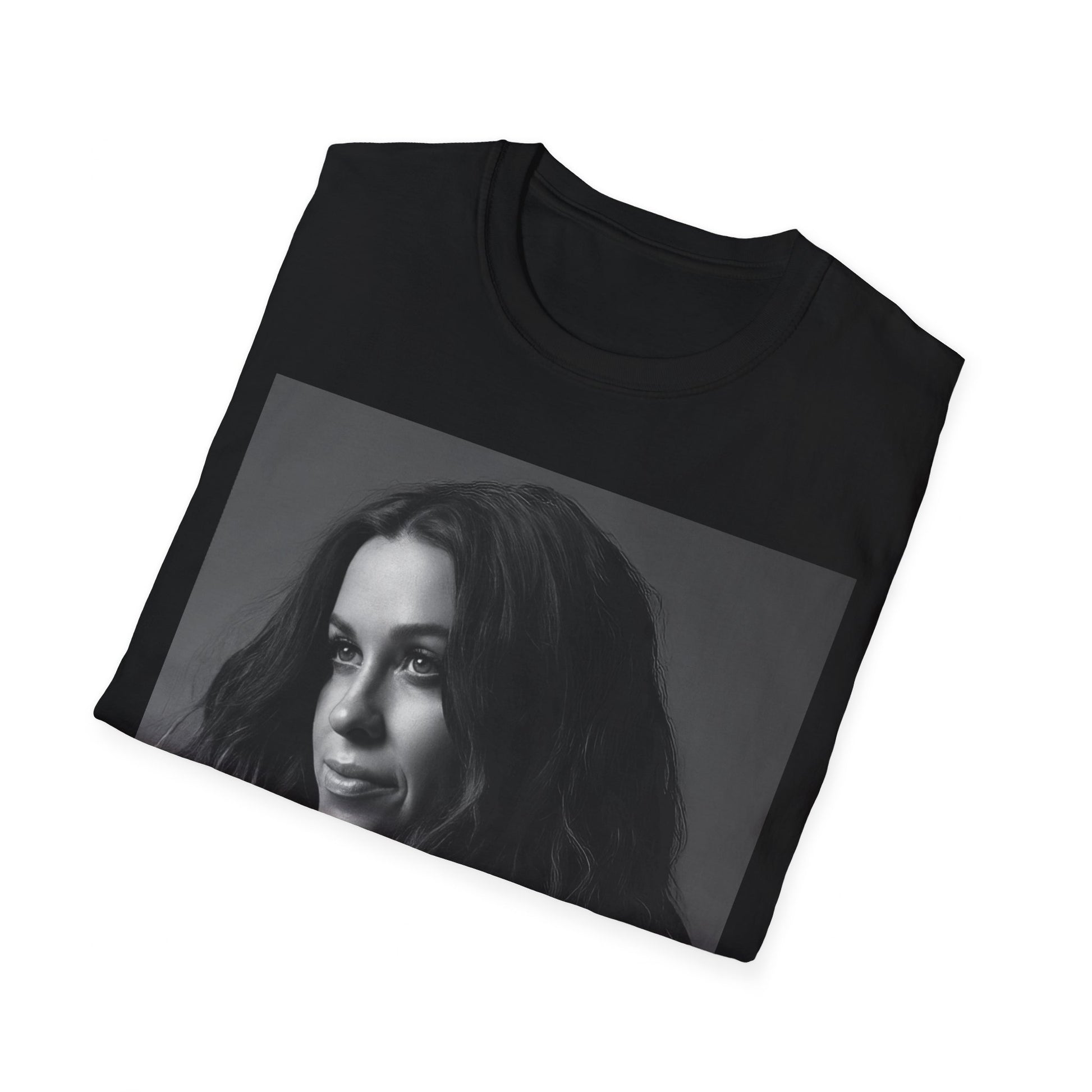 A black graphic t-shirt featuring a 90s-style black and white portrait of Alanis Morissette, showing her with a poised or thoughtful expression.