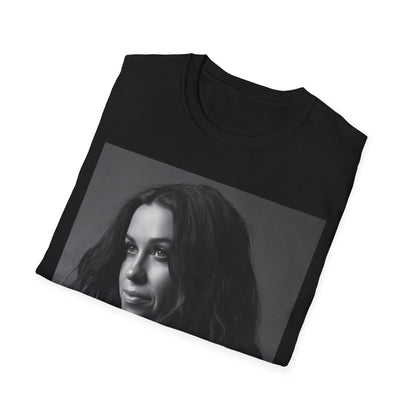 A black graphic t-shirt featuring a 90s-style black and white portrait of Alanis Morissette, showing her with a poised or thoughtful expression.