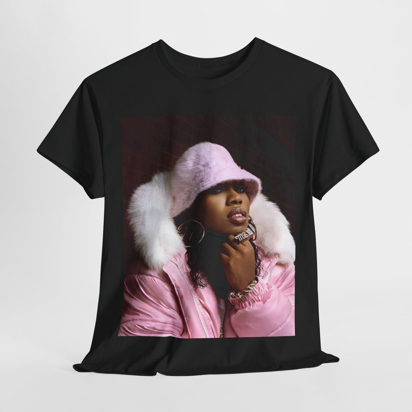 A black graphic t-shirt featuring a graphic of Missy Elliott as an underground hip hop queen.