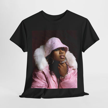 A black graphic t-shirt featuring a graphic of Missy Elliott as an underground hip hop queen.