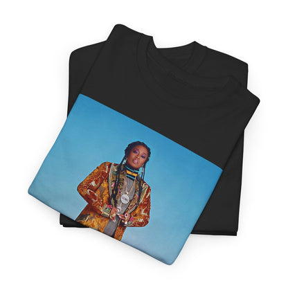 A black graphic t-shirt featuring a graphic of Missy Elliott as an iconic fashion trendsetter.