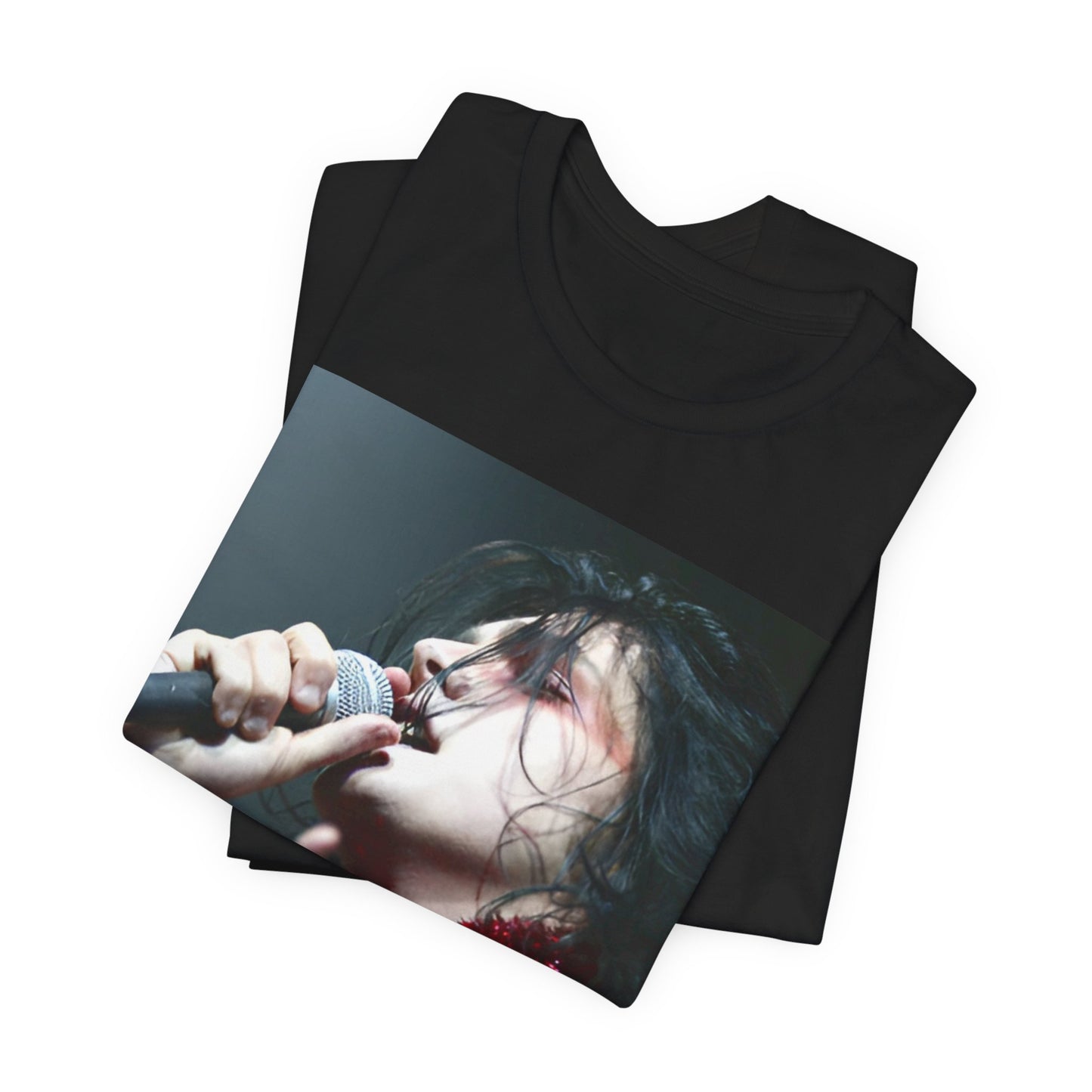 A black graphic t-shirt featuring an emo graphic of Gerard Way from My Chemical Romance.