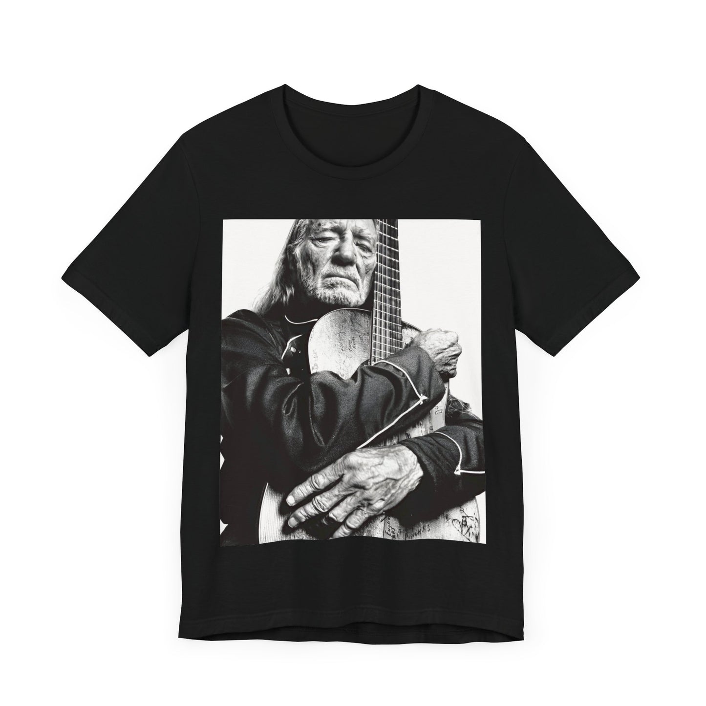 A black graphic t-shirt featuring a vintage country legend graphic of Willie Nelson.