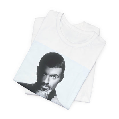 A black graphic t-shirt featuring a 90s aesthetic graphic of George Michael.