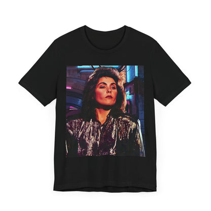 A black graphic t-shirt featuring an 80s synth pop aesthetic graphic of Laura Branigan.