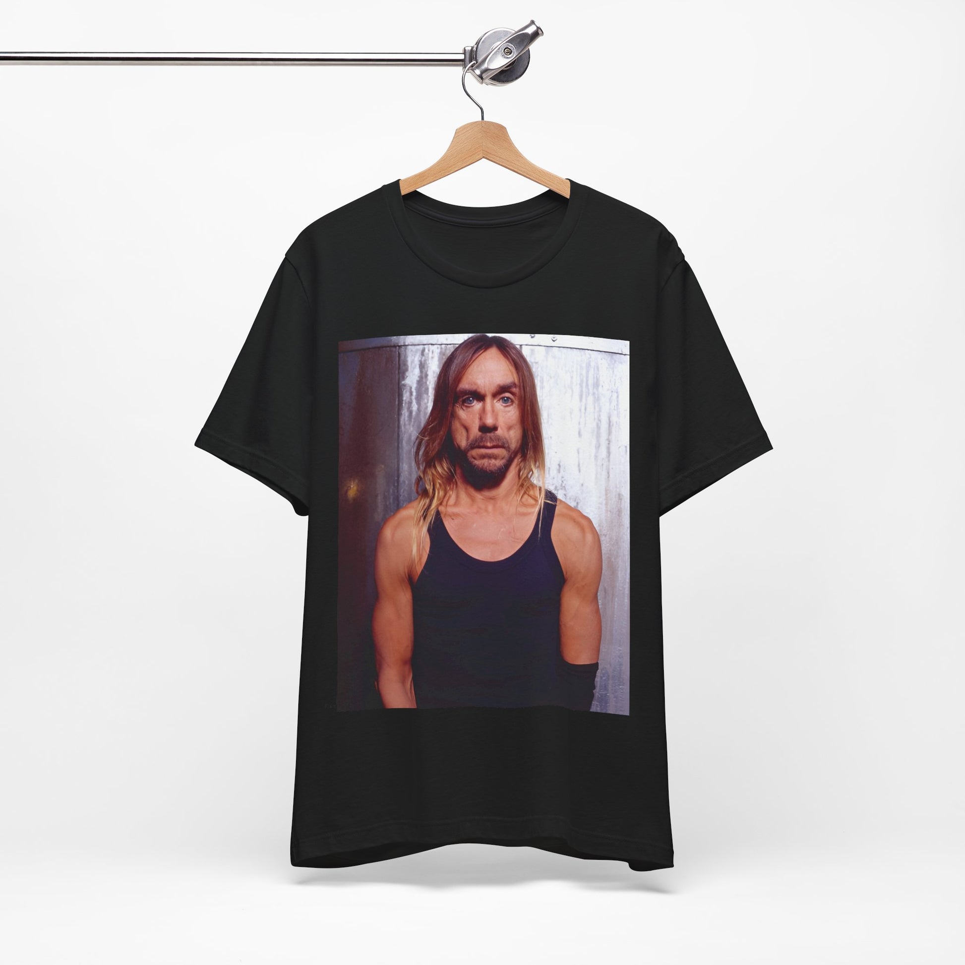 A black graphic t-shirt featuring a 90s vintage proto-punk icon graphic of Iggy Pop.