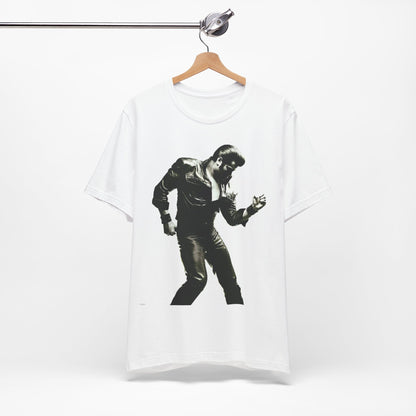 A black graphic t-shirt featuring a retro black and white monochrome photo or graphic of Elvis Presley.
