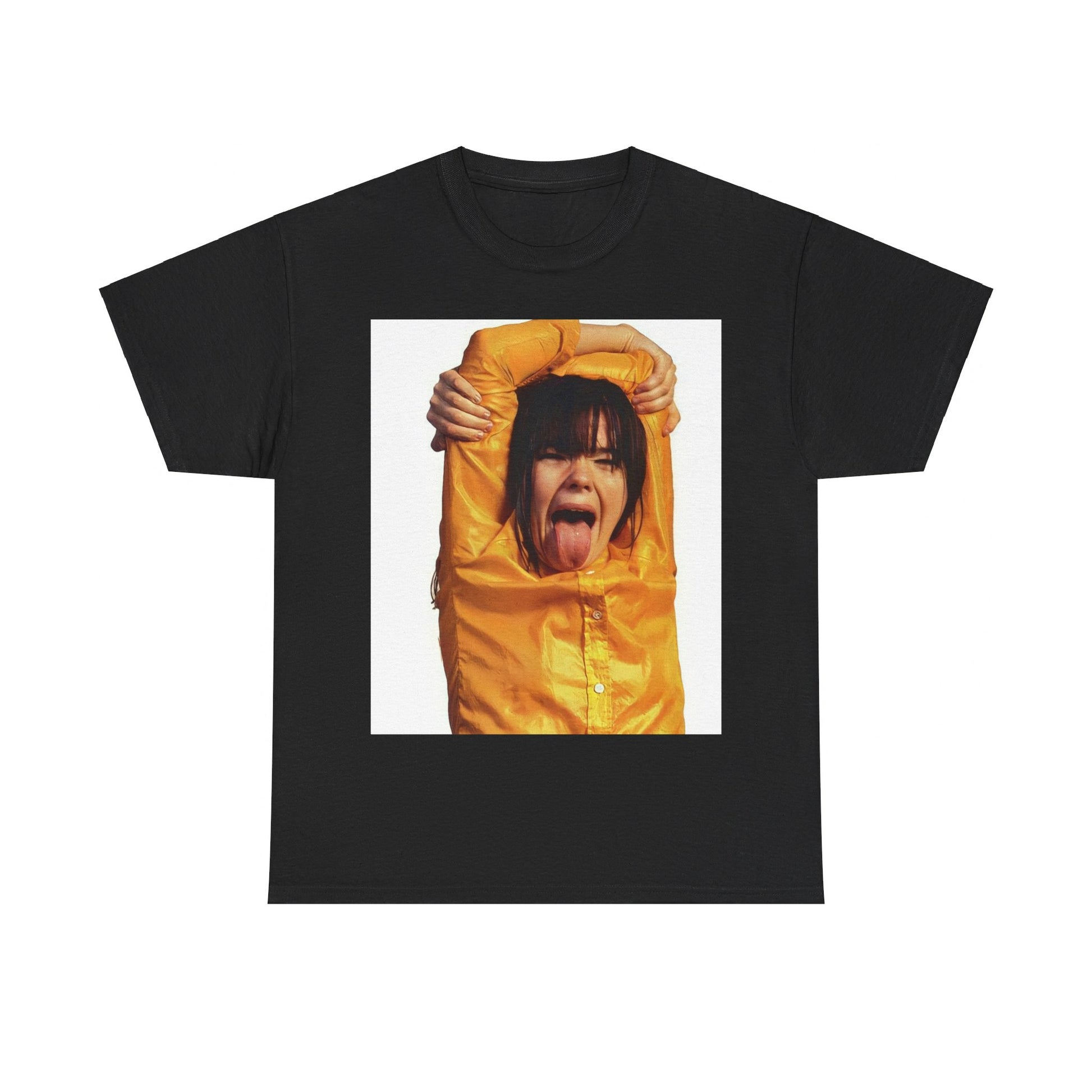 A black graphic t-shirt featuring a photo of Bjork with her tongue playfully sticking out.