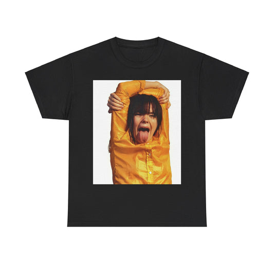 A black graphic t-shirt featuring a photo of Bjork with her tongue playfully sticking out.