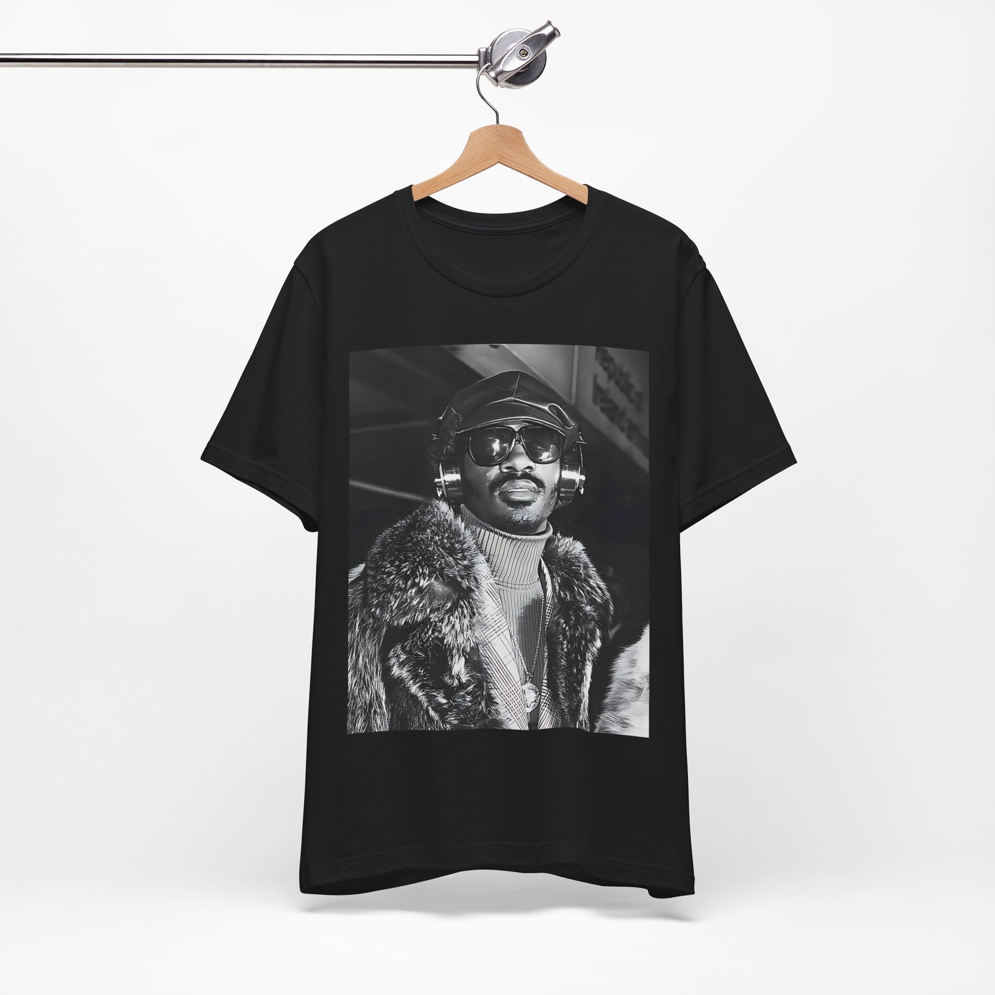 A black graphic t-shirt featuring a 70s black and white graphic of Stevie Wonder as a Motown legend.