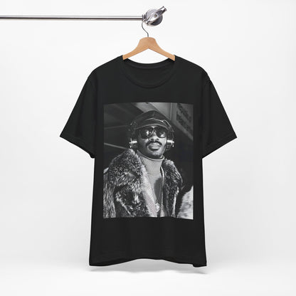 A black graphic t-shirt featuring a 70s black and white graphic of Stevie Wonder as a Motown legend.