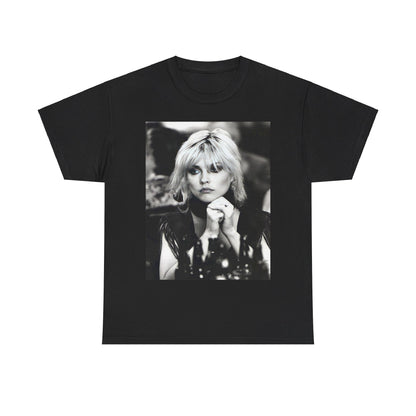 A black graphic t-shirt featuring an iconic black and white graphic or photo of Blondie.