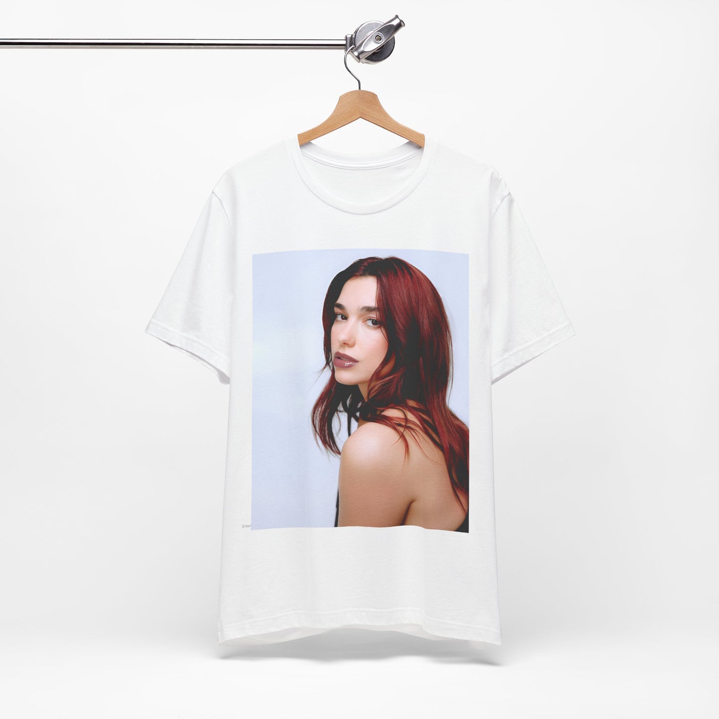 A black graphic t-shirt featuring a retro graphic inspired by Dua Lipa's "Don't Start Now" song.