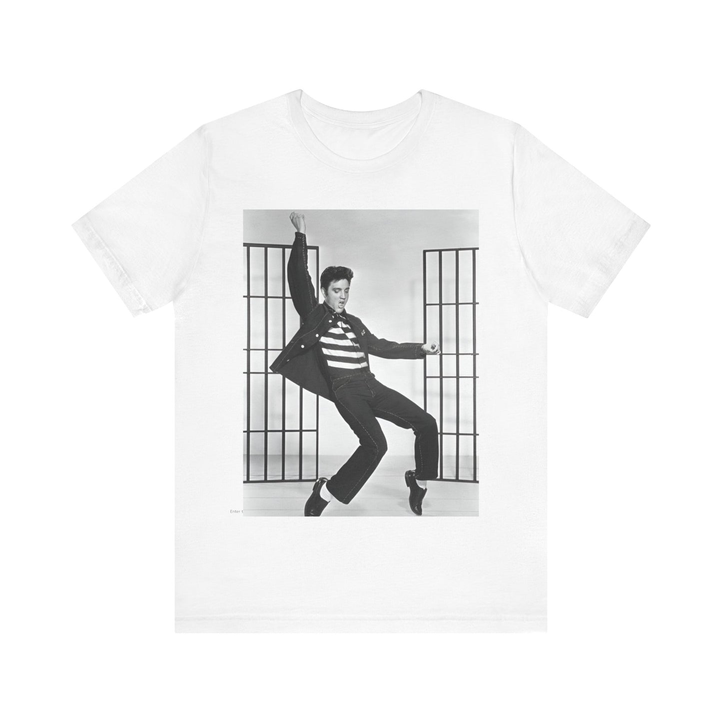 A black graphic t-shirt featuring a graphic related to Elvis Presley's 'Jailhouse Rock' song.