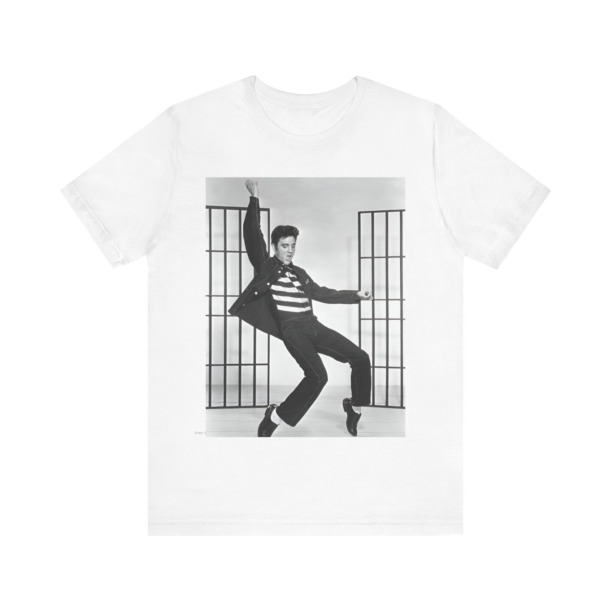 A black graphic t-shirt featuring a graphic related to Elvis Presley's 'Jailhouse Rock' song.