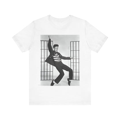 A black graphic t-shirt featuring a graphic related to Elvis Presley's 'Jailhouse Rock' song.