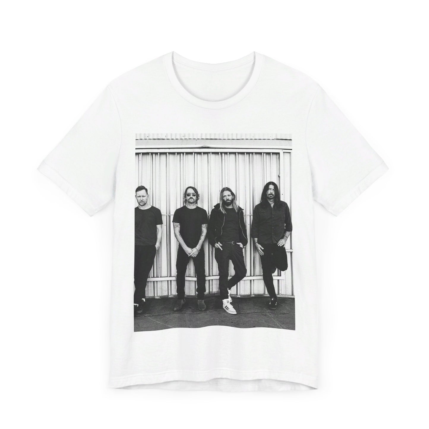A black graphic t-shirt featuring a photo portrait of the band Foo Fighters.