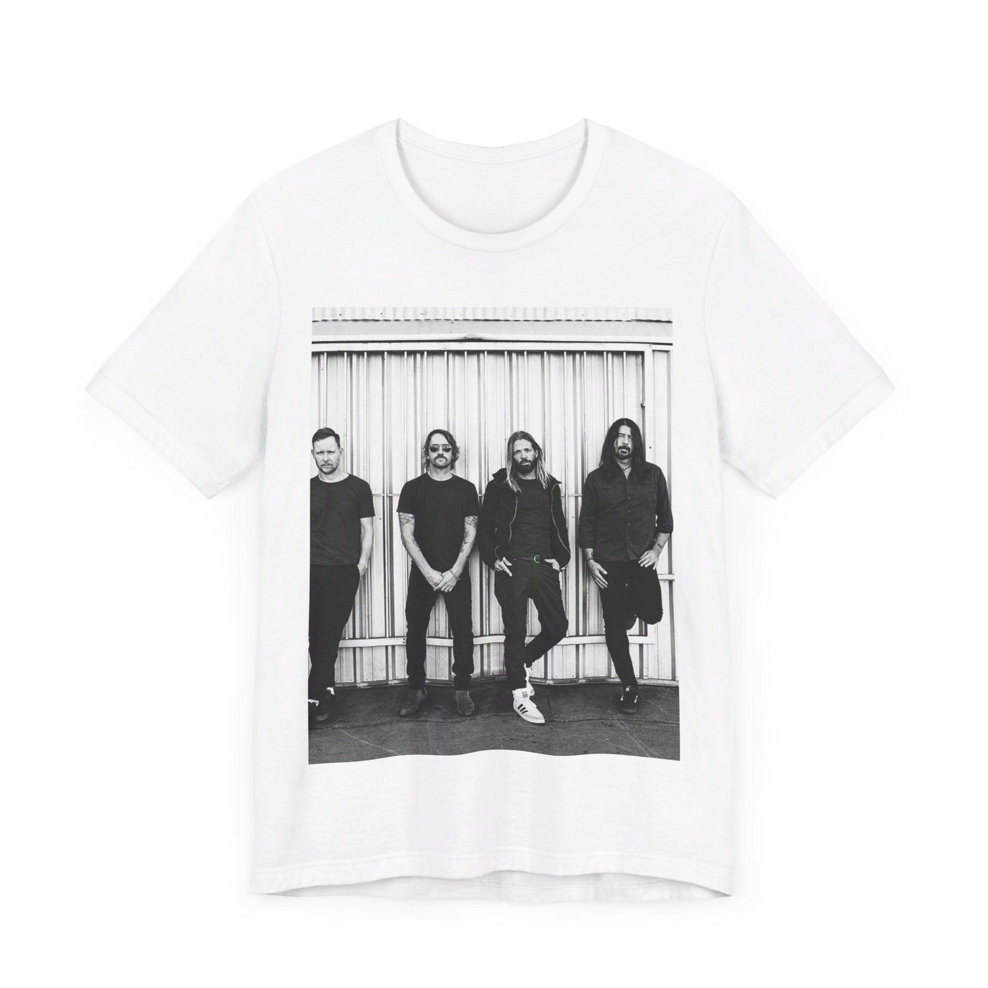 A black graphic t-shirt featuring a photo portrait of the band Foo Fighters.