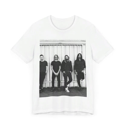 A black graphic t-shirt featuring a photo portrait of the band Foo Fighters.