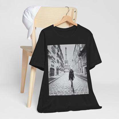 A black graphic t-shirt featuring a black and white photo of Selena Gomez in Paris.