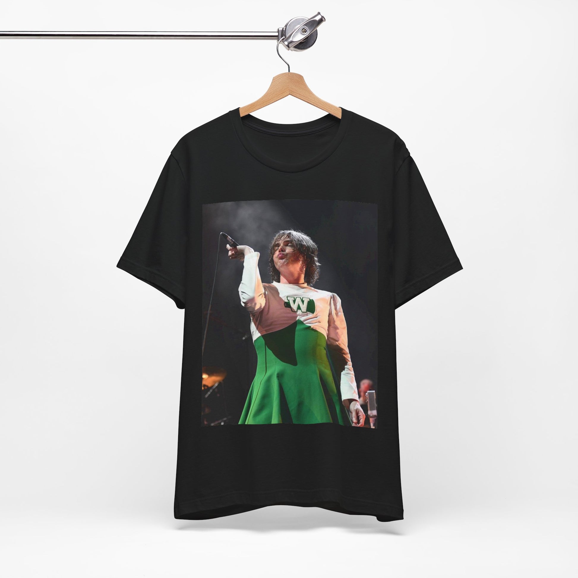A black graphic t-shirt featuring a photo of My Chemical Romance, possibly with a cheerleader theme.